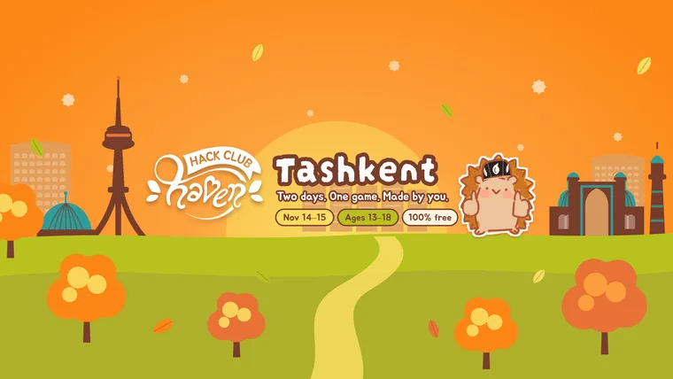Haven Tashkent banner with the Tashkent skyline and a hedgehog in a doppi